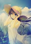  blue_eyes cloud clouds flower grass hat long_hair sky smile straw_hat_(european) yurikuta_tsukumi 