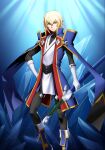  1boy artist_request blazblue blazblue_alternative:_dark_war blonde_hair coat dougi gloves green_eyes highres jacket jin_kisaragi katana looking_at_viewer male_focus military military_uniform official_art serious short_hair solo sword third-party_source uniform weapon 