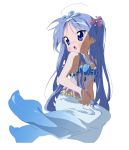  ahoge blue_hair blush hair_ornament highres hiiragi_kagami long_hair looking_back lucky_star mermaid_suit sumomo_(tyc78503012) twintails 