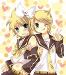  :q blonde_hair blush blush_stickers brother_and_sister cosplay costume_switch crossdressinging embarrassed green_eyes kagamine_len kagamine_rin midriff mitsu_yomogi siblings tears tongue twins v vocaloid wink 