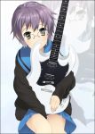  cardigan glasses guitar instrument mizuki_makoto nagato_yuki purple_hair school_uniform short_hair sitting solo suzumiya_haruhi_no_yuuutsu zoom_layer 