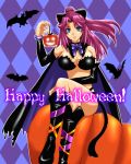  bad_id bandeau bat blue_eyes boots bow bowtie breasts cape cat_ears cat_tail checkered cleavage crossed_legs detached_sleeves flay_allster glowing gundam gundam_seed halloween knee_boots large_breasts long_hair lowres midriff pink_hair ponytail pumpkin redhead shiny shiny_clothes sitting smile tail yamiwolf 