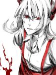  angry bad_id from_above fujiwara_no_mokou hair_ribbon partially_colored red_eyes ribbon shioaji simple_background sketch solo suspenders touhou 