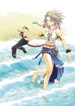  barefoot beach boots bracelet brown_hair closed_eyes feet final_fantasy final_fantasy_x final_fantasy_x-2 hair_ornament holding holding_shoes jewelry kimagureneko long_hair midriff necklace smile solo very_long_hair water yuna 