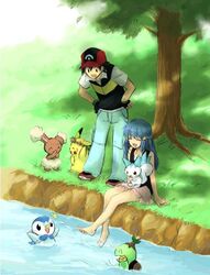  1boy 1girl artist_request barefoot baseball_cap black_hair blue_hair buneary feet feet_in_water hat head_wreath hikari_(pokemon) jpeg_artifacts outdoors pachirisu pikachu piplup pokemon pokemon_(anime) pokemon_(creature) satoshi_(pokemon) shade smile soaking_feet splash tree turtwig water 