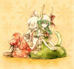  back-to-back back_to_back ex-keine fujiwara_no_mokou horns kamishirasawa_keine multiple_girls red_eyes shinoasa silver_hair sitting sleeping suspenders tail touhou traditional_media watercolor_(medium) 