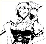  breasts cleavage grin hair_bobbles hair_ornament hellshock large_breasts monochrome onozuka_komachi short_hair smile solo touhou twintails wink 