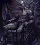  helmet lord_of_vermilion male muscle mythology noba sitting skull smoke spikes throne 