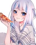  1girl artist_name blue_eyes blue_hair blue_nails blush cheese_trail commentary english_commentary eyebrows_visible_through_hair food gawr_gura highres holding holding_food holding_pizza hololive hololive_english keisea multicolored_hair nail_polish parted_lips pepperoni pizza pizza_slice shirt silver_hair streaked_hair striped striped_shirt teeth virtual_youtuber 