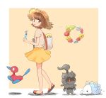  1girl alternate_costume bag bottle brown_eyes brown_hair comfey commentary_request eyelashes full_body gloria_(pokemon) hat highres holding holding_bottle in_bag in_container joltik looking_at_viewer looking_to_the_side marshadow orange_footwear pokemon pokemon_(creature) pokemon_(game) pokemon_swsh porygon2 sandals shirt short_hair short_sleeves skirt snom standing straw_hat toes twitter_username white_bag yellow_skirt yja61 