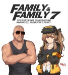  1boy 1girl armband bald black_gloves black_tank_top brown_eyes brown_hair crossed_arms crossover dominic_toretto english_text fingerless_gloves girls_frontline gloves head-mounted_display highres jacket long_sleeves muscular muscular_male navel sidelocks snafu sunglasses tank_top the_fast_and_the_furious ump9_(girls&#039;_frontline) 