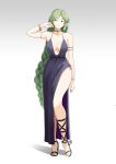  1girl alternate_costume alternate_eye_color automatic_giraffe bangs bare_shoulders breasts choker dress english_commentary full_body green_hair kid_icarus kid_icarus_uprising long_hair medium_breasts palutena plunging_neckline red_eyes side_slit smile solo standing very_long_hair 
