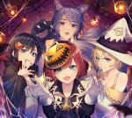  4girls animal_ears animal_hands aqua_(kingdom_hearts) black_hair blue_eyes candy cape fangs food gloves gogo_(detteiu_de) halloween halloween_costume hat kairi_(kingdom_hearts) kingdom_hearts licking_lips lollipop looking_at_viewer mask mask_on_head multiple_girls namine open_mouth paw_gloves short_hair smile tongue tongue_out upper_body vampire_costume werewolf_costume white_gloves witch_hat wolf_ears xion_(kingdom_hearts) 