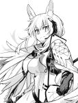  1girl animal_ear_fluff animal_ears arknights armor breasts character_name clothes_writing commentary eyebrows_visible_through_hair greyscale headset highres horse_ears implied_extra_ears large_breasts long_hair looking_at_viewer monochrome nearl_(arknights) nearl_the_radiant_knight_(arknights) official_alternate_costume outstretched_hand pauldrons revision shoulder_armor simple_background solo twitter_username upper_body white_background wings yom_(ymayma00ss) 