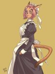  1girl 2017 animal_ears apron black_dress cat_ears cat_girl cat_tail closed_mouth collared_dress dark-skinned_female dark_skin dated dress facial_mark final_fantasy final_fantasy_xi grey_eyes hat juliet_sleeves long_sleeves maid maid_apron mob_cap pink_hair puffy_sleeves short_hair solo tail white_apron white_headwear yellow_background yuccoshi 