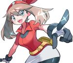  1girl :d bangs bike_shorts bike_shorts_under_skirt breasts brown_hair collared_shirt commentary fanny_pack gloves grey_eyes highres hyou_(hyouga617) looking_at_viewer looking_down may_(pokemon) open_mouth pointing pokemon pokemon_(game) pokemon_rse red_bandana red_shirt shirt short_sleeves simple_background skirt smile solo teeth tongue upper_teeth white_background white_skirt yellow_bag 
