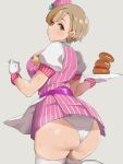  1girl apron bangs becky-4545 breasts brown_eyes brown_hair burger commentary_request dress employee_uniform eyebrows_visible_through_hair fast_food_uniform food from_behind fukuda_noriko gloves grey_background hair_ornament hairclip hands_up hat highres holding holding_plate idolmaster idolmaster_million_live! idolmaster_million_live!_theater_days large_breasts looking_at_viewer looking_back panties pantyshot parted_lips pink_dress pink_headwear plate plump puffy_short_sleeves puffy_sleeves short_dress short_hair short_sleeves simple_background solo standing striped striped_dress sweat thigh-highs underwear uniform waist_apron white_apron white_gloves white_legwear white_panties white_sleeves 