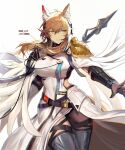  1girl absurdres animal_ear_fluff animal_ears arknights armor bangs blonde_hair bracer breasts character_name chinese_commentary chong_(547342983) commentary_request cowboy_shot dress eyebrows_visible_through_hair gloves hair_between_eyes headset highres large_breasts long_hair looking_to_the_side nearl_(arknights) nearl_the_radiant_knight_(arknights) parted_lips partial_commentary pauldrons shoulder_armor simple_background solo standing thigh_strap thighs white_background white_dress yellow_eyes 