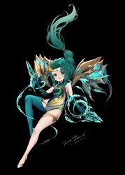  1girl absurdres bare_shoulders black_background blue_gloves blue_legwear blue_leotard breasts clenched_hand commentary_request dated elbow_gloves facial_mark floating_hair forehead forehead_mark full_body gloves green_eyes green_hair highres hydrokinesis kai&#039;sa league_of_legends leotard long_hair shoes signature simple_background single_thighhigh small_breasts solo taitai thigh-highs very_long_hair water white_footwear white_leotard 