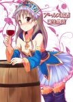  1girl alcohol atelier_(series) atelier_totori barrel blue_sleeves blush brown_eyes closed_mouth detached_sleeves dress grey_hair hair_ornament long_hair looking_at_viewer minidraco skirt smile solo thigh-highs totooria_helmold wine 