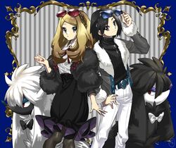  1boy 1girl adjusting_eyewear alternate_costume belt black_hair black_skirt blue_border border calem_(pokemon) closed_mouth collared_shirt fur-trimmed_jacket fur_jacket fur_trim furfrou grey_eyes grey_jacket hand_on_hip hand_up highres jacket kamota_(momokomati) light_brown_hair long_hair long_sleeves looking_at_viewer neck_ribbon open_clothes open_jacket pants pantyhose pokemon pokemon_(creature) pokemon_(game) pokemon_xy red-tinted_eyewear red_ribbon ribbon serena_(pokemon) shirt short_hair skirt smile sunglasses symbol-only_commentary tinted_eyewear white_pants white_shirt 