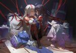 2girls ahoge bangs bare_legs bare_shoulders barefoot black_hair black_legwear bound bouquet box breasts bronya_zaychik chinese_commentary commentary_request dated detached_sleeves dress english_commentary feet flower gift gift_box grey_eyes hair_between_eyes highres honkai_(series) honkai_impact_3rd kneehighs large_breasts long_hair long_sleeves looking_at_another looking_at_viewer mixed-language_commentary multiple_girls no_shoes pantyhose pillow purple_dress purple_flower purple_hair red_ribbon restrained ribao ribbon ribbon_bondage saliva saliva_trail seele_vollerei signature simple_background sitting sleeveless sleeveless_dress soles striped tongue tongue_out very_long_hair violet_eyes white_dress yuri 