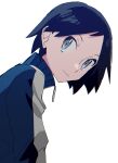  1boy absurdres asagiri_kogen black_hair blue_jacket calem_(pokemon) closed_mouth commentary_request from_side grey_background grey_eyes highres jacket leaning_forward looking_back male_focus pokemon pokemon_(game) pokemon_xy short_hair smile solo upper_body zipper_pull_tab 