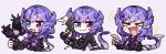  &gt;_&lt; 1girl animal_on_hand apex_legends black_sweater blue_eyes braid chibi dragon ember_(selen_tatsuki) fang fang_out fangs gun hair_ornament hairclip handgun head_wings heterochromia holding holding_gun holding_weapon lanyard laughing medium_hair multiple_views muzzle nijisanji nijisanji_en p2020_(pistol) pistol pointing purple_hair selen_tatsuki skin_fang skin_fangs smile sumiya_nadateru sweater twin_braids violet_eyes virtual_youtuber weapon 