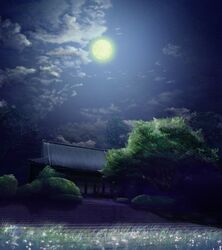  architecture building bush clouds commentary_request east_asian_architecture fence full_moon geshi grass moon moonlight night night_sky no_humans original pillar plant rooftop scenery sky stairs stone_stairs tree 