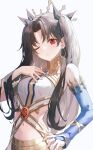  1girl ;( absurdres armlet bangs bare_shoulders black_bow bow breasts bridal_gauntlets closed_mouth earrings eyebrows_visible_through_hair fate/grand_order fate_(series) hair_bow hand_on_hip hand_on_own_chest highres hoop_earrings ishtar_(fate) jewelry kerno long_hair looking_at_viewer medium_breasts navel parted_bangs red_eyes simple_background sleeveless solo two_side_up upper_body very_long_hair white_background 