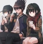  1girl 2boys :o bangs black_hair black_headwear black_pants black_skirt blush bow bowtie brown_eyes brown_hair brown_jacket bubble_tea closed_mouth cup danganronpa_(series) danganronpa_v3:_killing_harmony disposable_cup eyebrows_visible_through_hair facial_hair goatee hair_ornament hair_scrunchie hair_up hairclip hand_in_pocket harukawa_maki highres holding holding_cup jacket long_hair long_sleeves mole mole_under_eye momota_kaito multiple_boys open_clothes open_jacket pants pencil_skirt plaid plaid_jacket red_bow red_bowtie red_eyes red_scrunchie saihara_shuuichi scrunchie skirt symbol-only_commentary visket53 