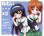  2girls bangs birthday black_hair black_neckwear blouse blue_bandana border brown_eyes brown_hair commentary dated eyebrows_visible_through_hair girls_und_panzer green_skirt hairband half-closed_eye half-closed_eyes happy_birthday heart highres inoue_kouji light_frown long_hair long_sleeves looking_at_viewer miniskirt multiple_girls neckerchief nishizumi_miho one_eye_closed ooarai_school_uniform open_mouth outside_border pleated_skirt reizei_mako rubbing_eyes sailor_collar school_uniform serafuku shadow short_hair skirt sleepy standing translated white_blouse white_border white_hairband white_sailor_collar 