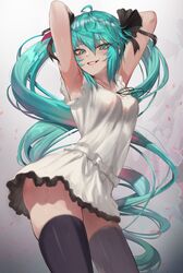  1girl ahoge armpits arms_behind_head arms_up bangs black_legwear black_ribbon blue_eyes blue_hair breasts commentary_request cowboy_shot dress eyebrows_visible_through_hair eyes_visible_through_hair grin hair_between_eyes hair_ribbon hatsune_miku highres long_hair looking_at_viewer me!me!me! medium_breasts ribbon sleeveless sleeveless_dress smile solo standing supreme_(module) thigh-highs torriet twintails very_long_hair vocaloid white_dress world_is_mine_(vocaloid) 