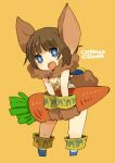  1girl animal_ears blue_eyes breasts brown_hair carrot chrono_cross cleavage_cutout clothing_cutout fur gloves janice looking_at_viewer mota open_mouth rabbit_ears short_hair simple_background smile solo tail 