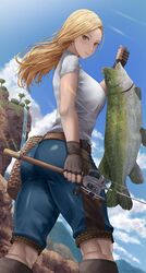  1girl absurdres ass bangs blonde_hair breasts brown_eyes brown_hair earrings fish gloves highres jewelry kisara_(tales) long_hair looking_at_viewer muscular muscular_female shirt shorts silvertsuki smile solo tales_of_(series) tales_of_arise 