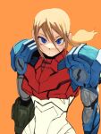  1girl arm_cannon armor bangs blonde_hair blue_eyes go_d_e gun highres long_hair looking_at_viewer metroid metroid_dread mole mole_under_mouth ponytail power_armor power_suit samus_aran science_fiction simple_background solo upper_body weapon 