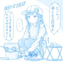  ... 1girl 1other abyssal_ship alternate_costume asashio_(kancolle) blue_theme bucket closed_mouth fishing_rod gotou_hisashi hat holding holding_fishing_rod i-class_destroyer kantai_collection kuchiku_i-kyuu long_hair long_sleeves repair_bucket shoes speech_bubble spoken_ellipsis thigh-highs translation_request zzz 