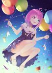  1girl absurdres ahoge balloon bangs blue_dress blue_eyes blurry blurry_foreground blush breasts commentary_request confetti convenient_leg crescent_necklace dress frilled_dress frills full_body gradient_hair hair_ornament hairclip heterochromia highres himemori_luna holding holding_balloon hololive jewelry kage_(ka_9e_4su) legs looking_at_viewer medium_hair multicolored_hair necklace off-shoulder_dress off_shoulder official_alternate_costume open_mouth outdoors pink_hair print_dress purple_hair shadow shiny shiny_hair sky small_breasts solo star_(sky) starry_sky swept_bangs thighs violet_eyes virtual_youtuber white_footwear white_legwear 