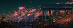  1girl absurdres bird black_hair building city clouds commentary_request dress fence flower flying highres lamp light long_hair mountain night night_sky original plant rooftop scenery shoes shuu_illust sky solo star_(sky) tree window 