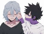  2boys ametaro_(ixxxzu) black_hair black_shirt blue_eyes boku_no_hero_academia burn_scar cheek_piercing closed_eyes dabi_(boku_no_hero_academia) grey_hair highres male_focus medium_hair multiple_boys multiple_scars scar scar_on_face shigaraki_tomura shirt short_hair simple_background spiky_hair staple stapled sweat white_background white_shirt wrinkled_skin 