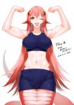 bare_shoulders collarbone commission commissioner_upload dated flexing forked_tongue hair_between_eyes hair_ornament highres lamia long_hair midriff miia_(monster_musume) miniskirt monster_girl monster_musume_no_iru_nichijou navel one_eye_closed pointy_ears pose redhead scales shiny shiny_skin sidelocks skeb_commission skirt slit_pupils sports_bra sportswear tongue tongue_out waka_(shark_waka) white_background yellow_eyes 