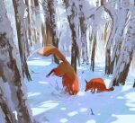  animal animal_focus digging forest fox nature no_humans orange_fur original outdoors painting snatti snow tail tree winter 