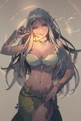  1girl beige_background bracelet breasts choker circlet cithis coin_(ornament) contrapposto cowboy_shot dark-skinned_female dark_skin dungeon_meshi elf facial_mark forehead_mark glowing green_skirt highres holding holding_wand jack_(haist) jewelry large_breasts long_hair looking_at_another looking_at_viewer magic midriff notched_ear pointy_ears purple_nails side_slit silver_hair simple_background skirt slit_pupils smile solo standing wand yellow_eyes 