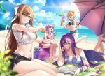  4girls :d ^^^ ball bangs bare_shoulders barefoot beach bikini bikini_top black_bikini black_shorts blue_nails blue_sky blurry blurry_background blurry_foreground book bow breasts brown_hair closed_eyes clouds cocktail_glass collarbone commentary commission cup cutoffs day depth_of_field doki_doki_literature_club dolphin_shorts drinking_glass drooling dropping english_commentary exercise_ball eyebrows_visible_through_hair eyes_visible_through_hair feet_up food green_eyes green_nails hair_between_eyes hair_bow hair_ornament hair_ribbon hairclip head_rest highres ice_cream ice_cream_cone large_breasts long_hair looking_at_another looking_at_viewer lotion lying midriff monika_(doki_doki_literature_club) multiple_girls nail_polish natsuki_(doki_doki_literature_club) navel on_stomach open_book outdoors pink_eyes pink_hair pink_skirt pleated_skirt potetos7 purple_hair purple_nails reading red_bow ribbon sayori_(doki_doki_literature_club) see-through shirt short_sleeves shorts sidelocks skirt sky smile sunscreen swimsuit tied_shirt toenail_polish toenails two_side_up very_long_hair violet_eyes white_ribbon white_shirt yuri_(doki_doki_literature_club) 