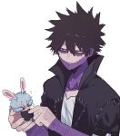  2boys ametaro_(ixxxzu) animal_ears black_hair black_jacket blue_eyes boku_no_hero_academia burn_scar cheek_piercing chibi dabi_(boku_no_hero_academia) grey_hair highres jacket male_focus multiple_boys multiple_scars rabbit_boy rabbit_ears rabbit_tail red_eyes scar scar_on_face shigaraki_tomura shirt short_hair simple_background spiky_hair staple stapled tail white_background white_shirt wrinkled_skin 