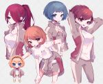  5girls adjusting_hair aegis_(persona) ahoge alternate_costume alternate_hairstyle android aqua_eyes aqua_hair bangs blonde_hair blue_eyes blush_stickers bow bowtie breasts brown_eyes brown_hair chibi closed_mouth clothes_around_waist collarbone commentary emi_star english_commentary eyebrows_visible_through_hair grey_jacket grey_pants grey_shorts gym_shirt gym_shorts gym_uniform hair_between_eyes hair_ornament hair_over_one_eye hairclip hand_on_hip hand_on_own_chest headband jacket jacket_around_waist kirijou_mitsuru large_breasts long_hair long_sleeves looking_at_viewer multiple_girls one_eye_covered open_clothes open_jacket open_mouth orange_eyes orange_hair pants persona persona_3 persona_3_portable ponytail red_bow red_eyes red_neckwear redhead robot shiomi_kotone shirt short_hair short_sleeves shorts sleeves_past_wrists smile takeba_yukari uniform white_shirt yamagishi_fuuka 