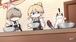  ! 2girls apron balloon bangs bare_shoulders bianka_durandal_ataegina black_dress black_sleeves blonde_hair blue_eyes bowl brown_hair cat closed_eyes closed_mouth door dress hair_between_eyes hair_bun hair_over_one_eye highres holding holding_bowl honkai_(series) honkai_impact_3rd indoors kitchen looking_at_animal maid maid_apron mole mole_under_eye multiple_girls official_art polo_shirt rita_rossweisse shaded_face shirt sleeves_rolled_up smile stan_(honkai_impact) table white_shirt 