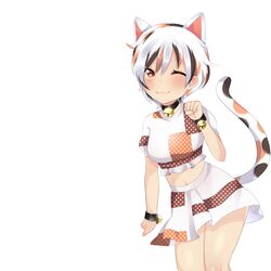  animal_ears artist_request bangs bell calico cat_ears cat_girl cat_tail crop_top goutokuji_mike highres jingle_bell maneki-neko medium_skirt midriff multicolored_clothes multicolored_hair multicolored_shirt multicolored_tail navel neck_bell orange_eyes patches patchwork_clothes paw_pose short_hair skirt streaked_hair tail touhou white_hair 