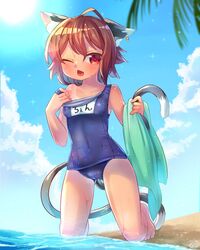  1girl ;d ahoge alternate_costume animal_ear_fluff animal_ears arm_up artist_logo bangs bare_shoulders beach blue_sky blush breasts brown_eyes brown_hair buruma cat_ears cat_tail chen clear_sky clouds collarbone commentary_request earrings fang full_body headwear_removed highres holding holding_towel ibaraki_natou jewelry kneeling looking_to_the_side multiple_tails nekomata ocean one_eye_closed open_mouth palm_tree short_hair sidelocks simple_background single_earring sky small_breasts smile solo sparkle sun sunlight sweatdrop swimsuit tail tan tanlines thighs tongue touhou towel tree two_tails water wet wet_clothes 