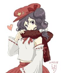  1girl :o breasts brown_scarf cabbie_hat detached_sleeves extra flat_cap hat heart katari label_girl_(dipp) looking_at_viewer midriff purple_hair red_headwear red_neckwear red_ribbon red_skirt ribbon ribbon-trimmed_sleeves ribbon_trim scarf simple_background skirt small_breasts star_(symbol) touhou vest violet_eyes white_background white_sleeves white_vest 